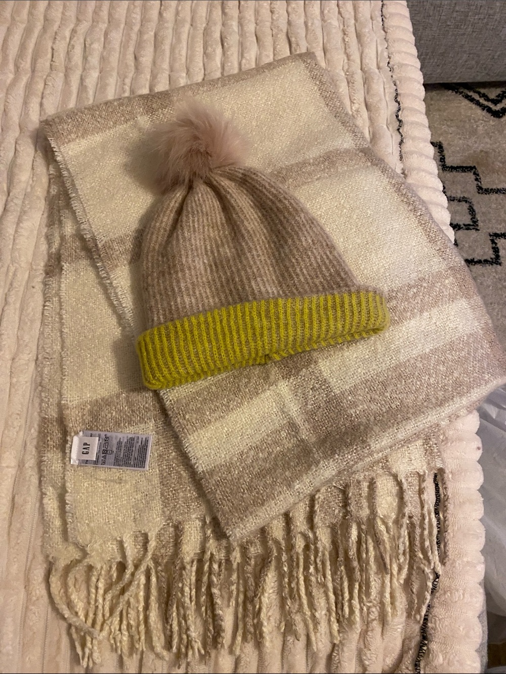 GAP Cream Plaid Scarf with Beige Pom Beanie - Yellow Cuff